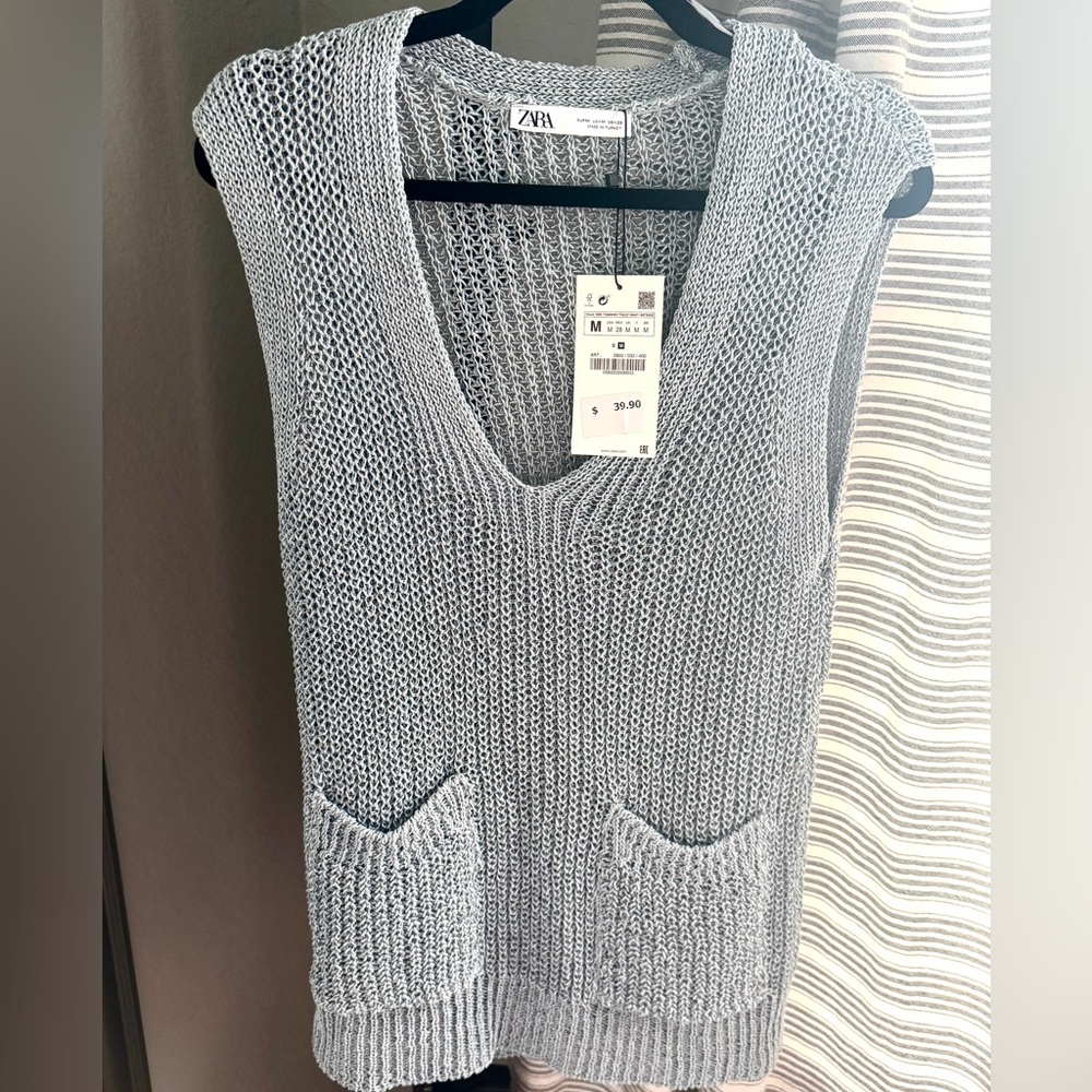 New Zara Sleeveless Blue/Gray Knit Sweater Vest